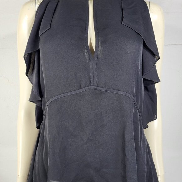 Theory black ruffled slit sleeve 100% silk keyhole blouse ladies Small - Picture 1 of 9